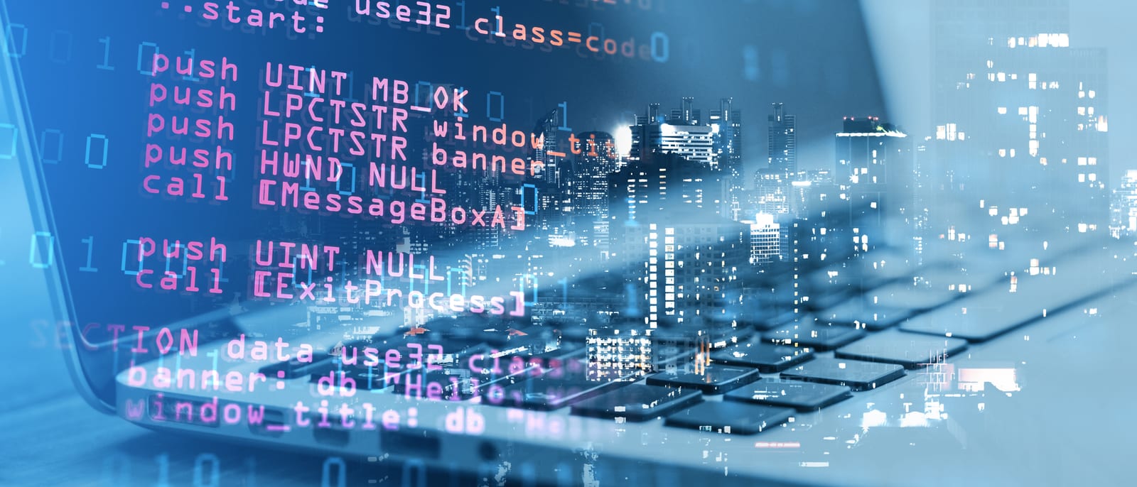 Streams of code and data on a computer monitor in a dim server room