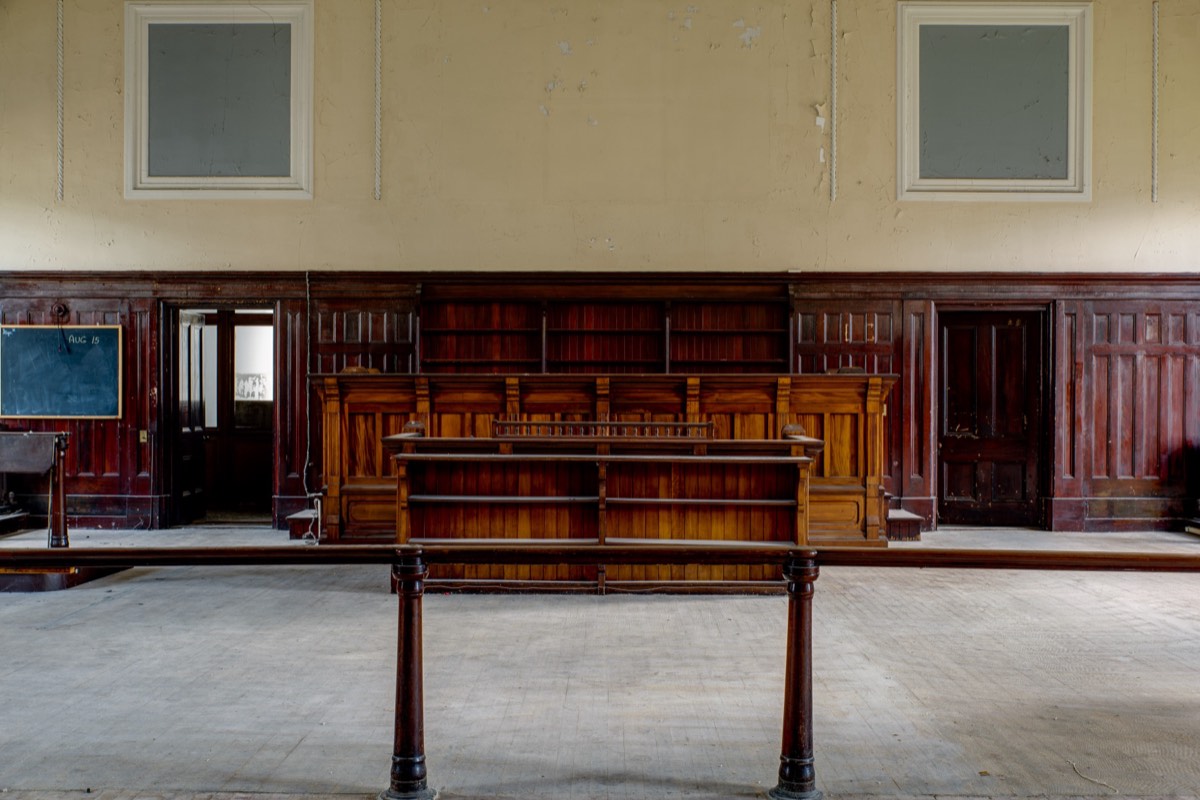 Empty jury box in a courtroom
