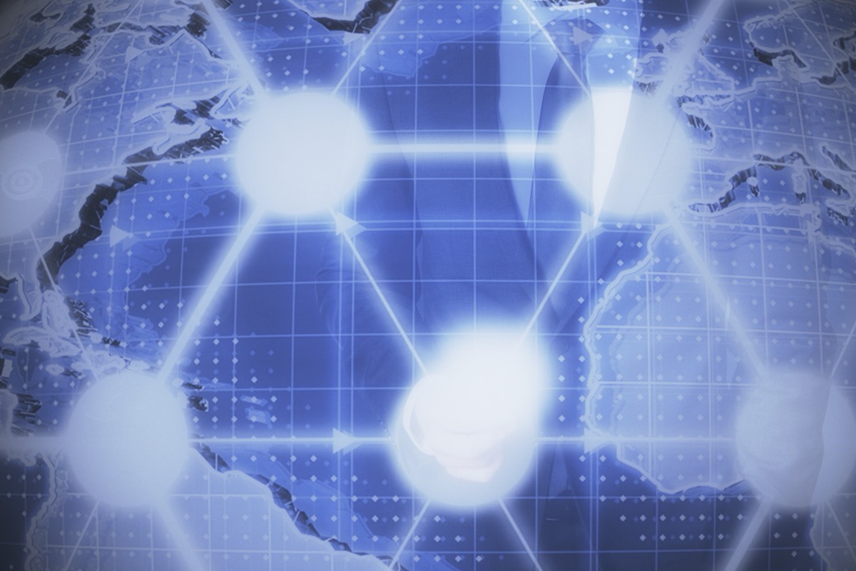 A stylized world map overlaid on server racks and circuit traces, suggesting cross-border data flows