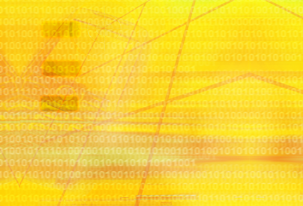 A close-up of glowing binary digits, ones and zeros, arranged in rows on a dark screen