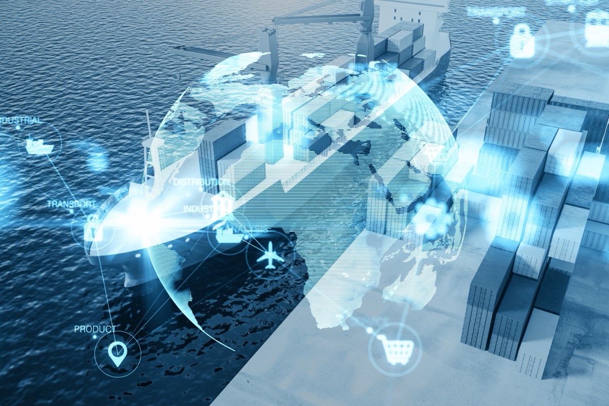 Global map with shipping and trade routes representing international business