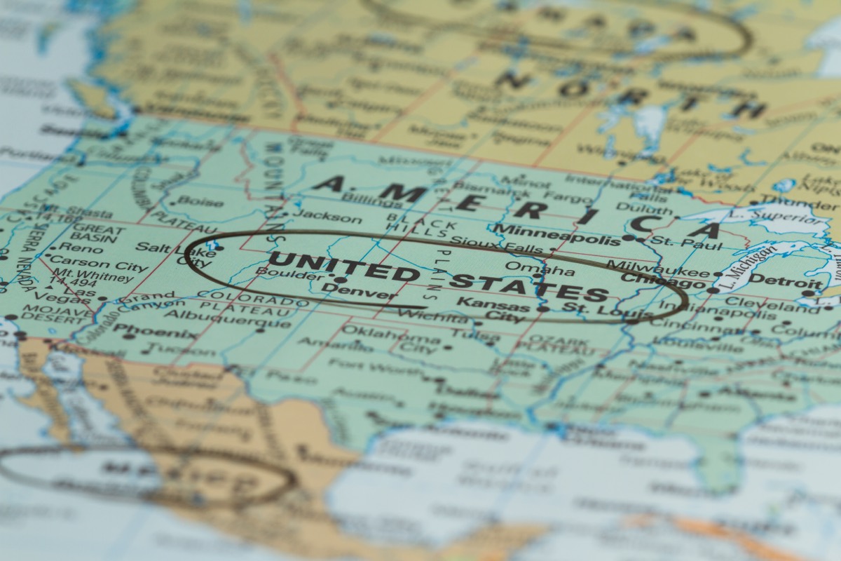 A stylized map of the United States divided into legal regions