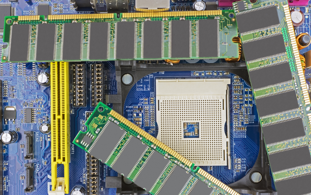 Close-up of RAM memory modules seated on a computer motherboard