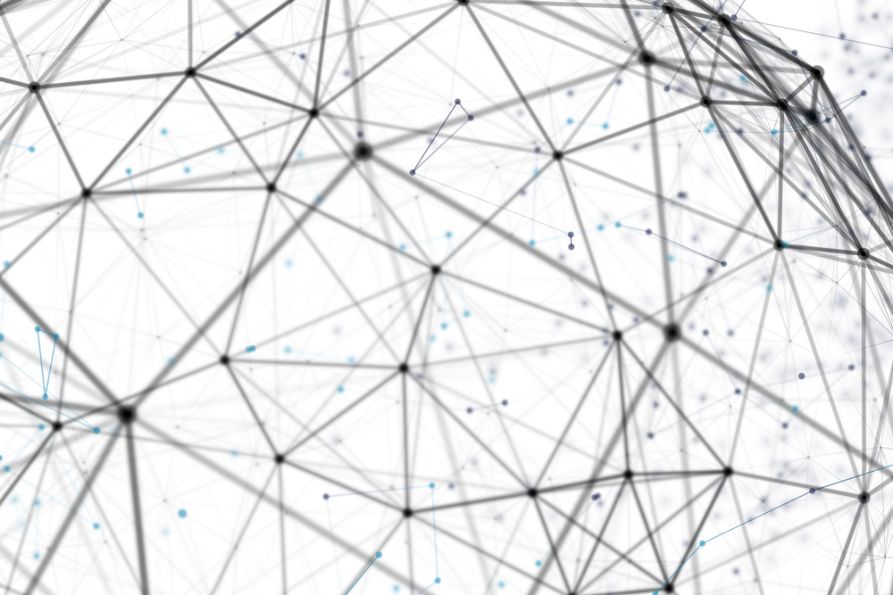 A network of glowing connected nodes representing peer-to-peer file sharing