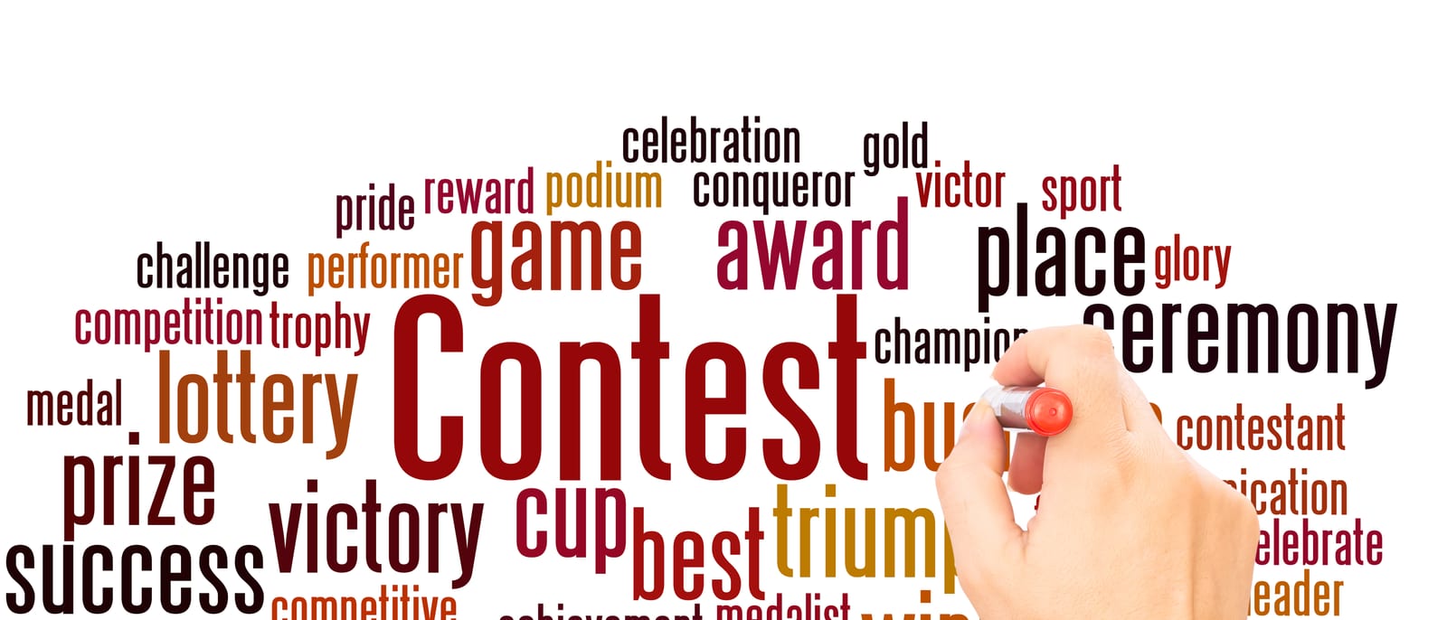 Close-up of printed contest entry rules and a form on a desk beside a pen