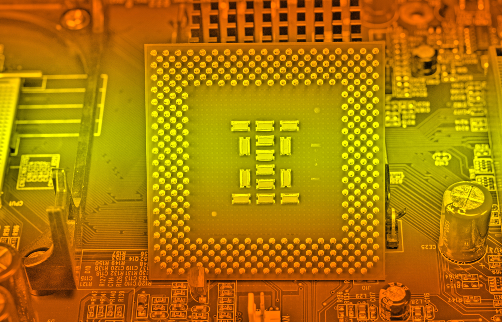 Close-up of a computer microprocessor chip and circuitry
