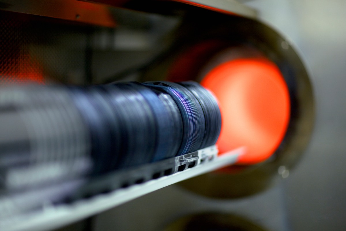 A wafer of semiconductor chips under inspection