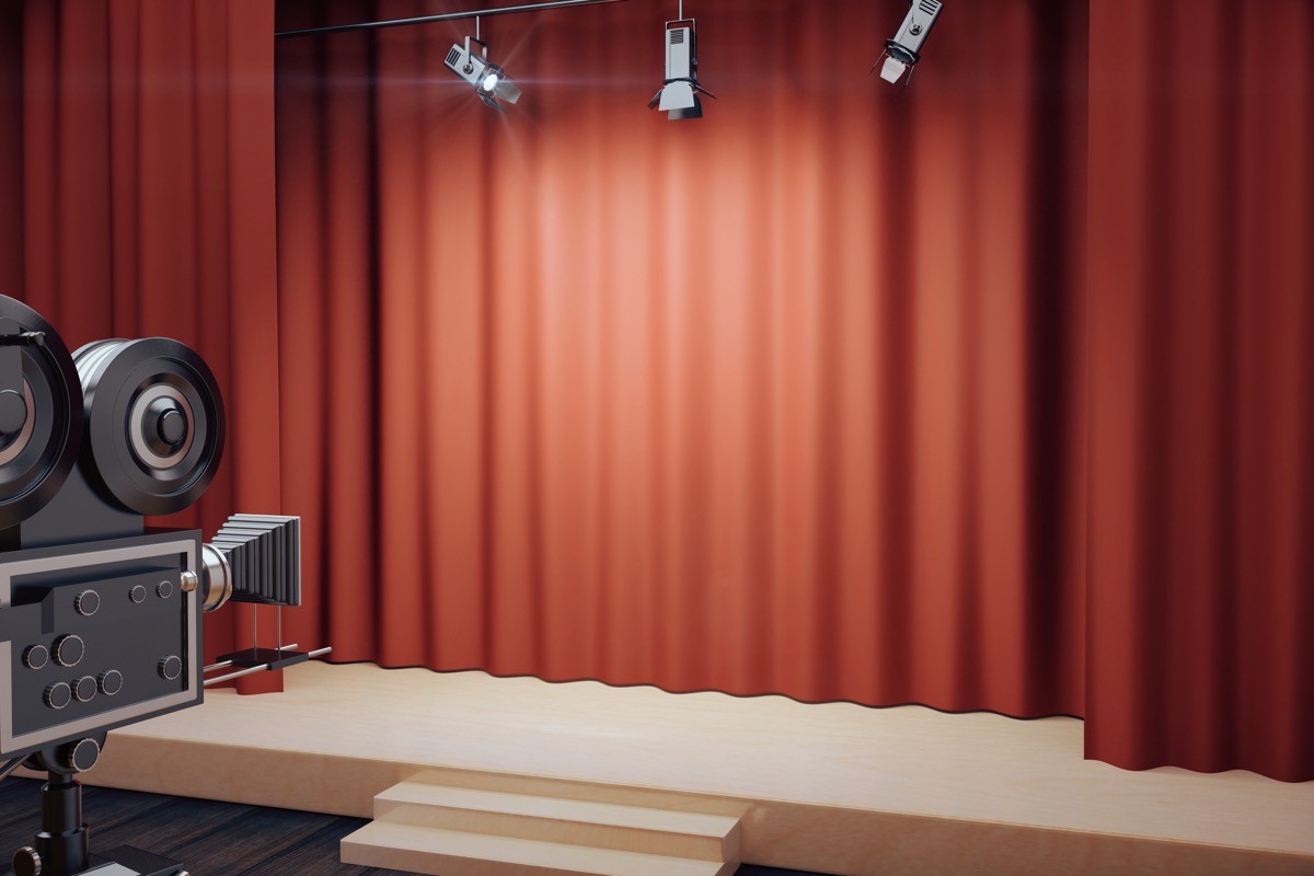 An empty off-Broadway theater stage with worklights before a rehearsal