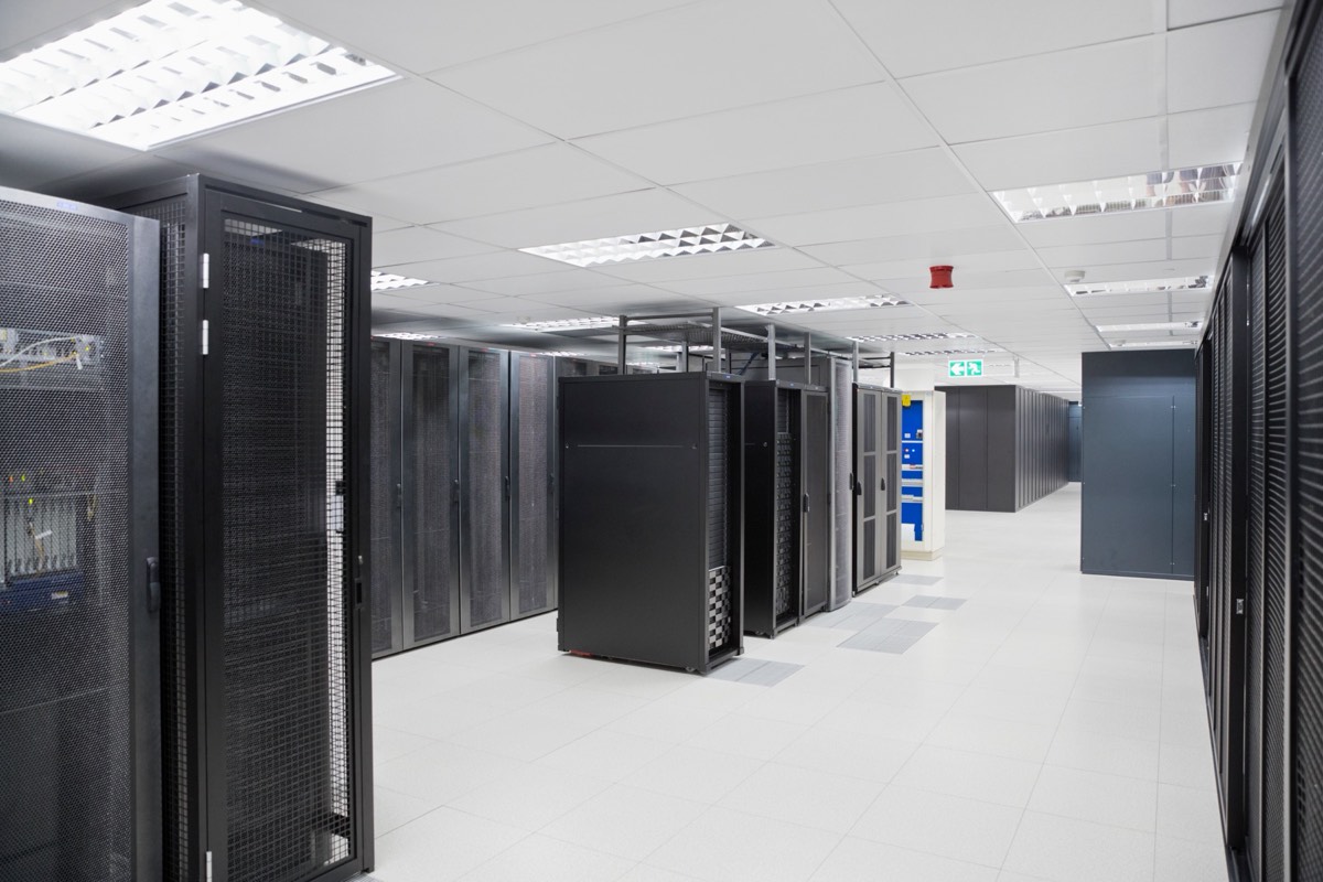 A locked server cabinet in a data center
