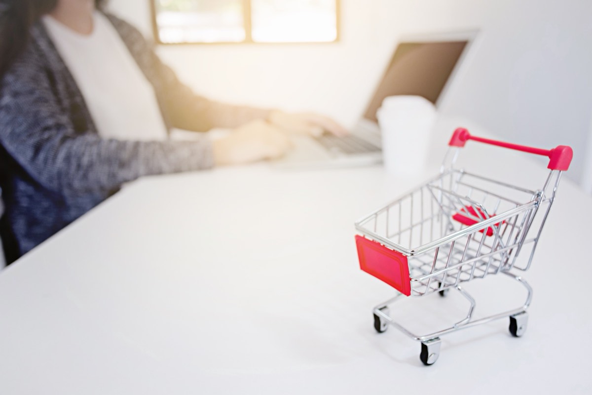 Online shopper viewing a grid of product search results on a laptop